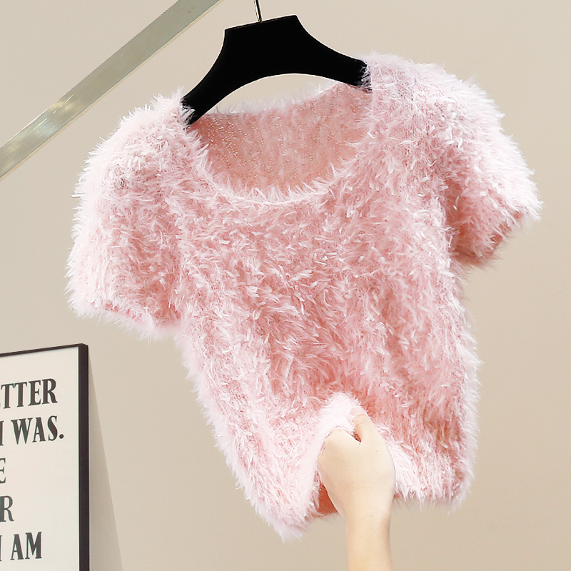 Women'S Fashion Petite - Fashionable Heavy-Lace Short-Sleeve round Neck Sweater