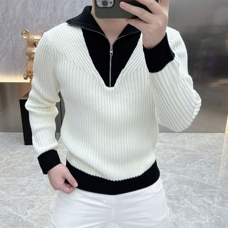 Ribbed Knit Sweater - Men Korean Fashion Black White Contrast
