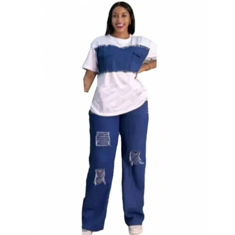 Women Fashion Jeans Top - 2 Piece Women Set Dashiki Denim