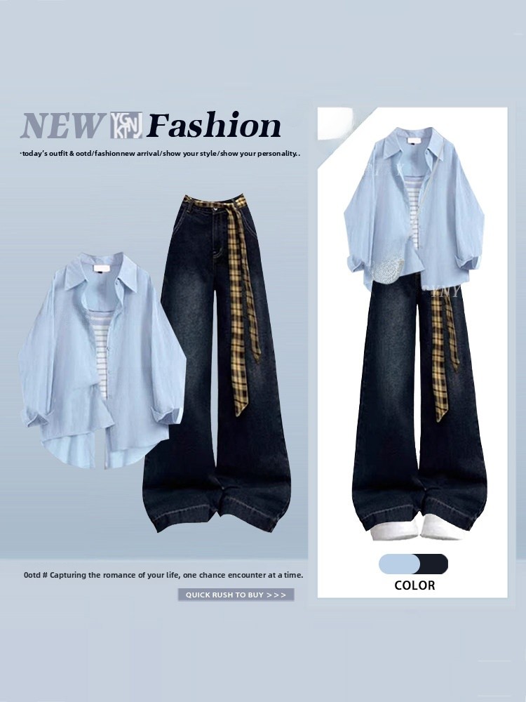 Women Fashion Jeans Top - Sweet Blue Long Sleeve Shirt with