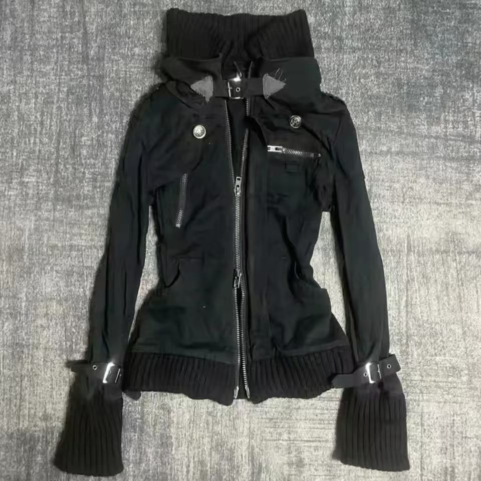 Women'S Fashion Zip Up Hoodies - Y2K Gothic Black Slim Double Zipper