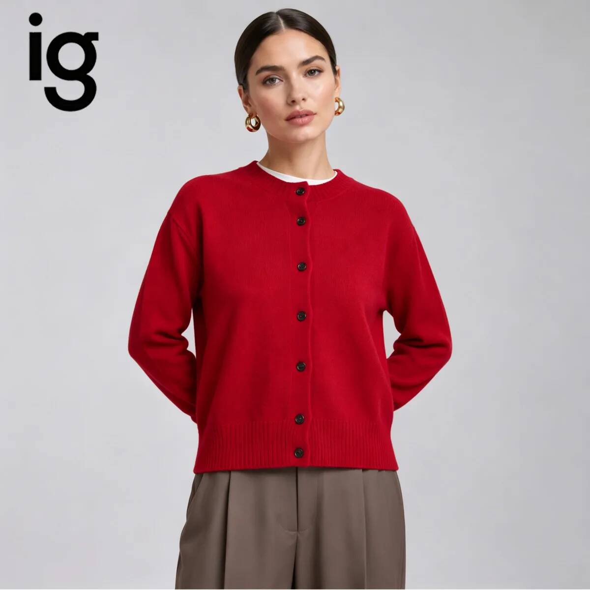 Ribbed Knit Sweater - IG Women Red Crew Neck Knit