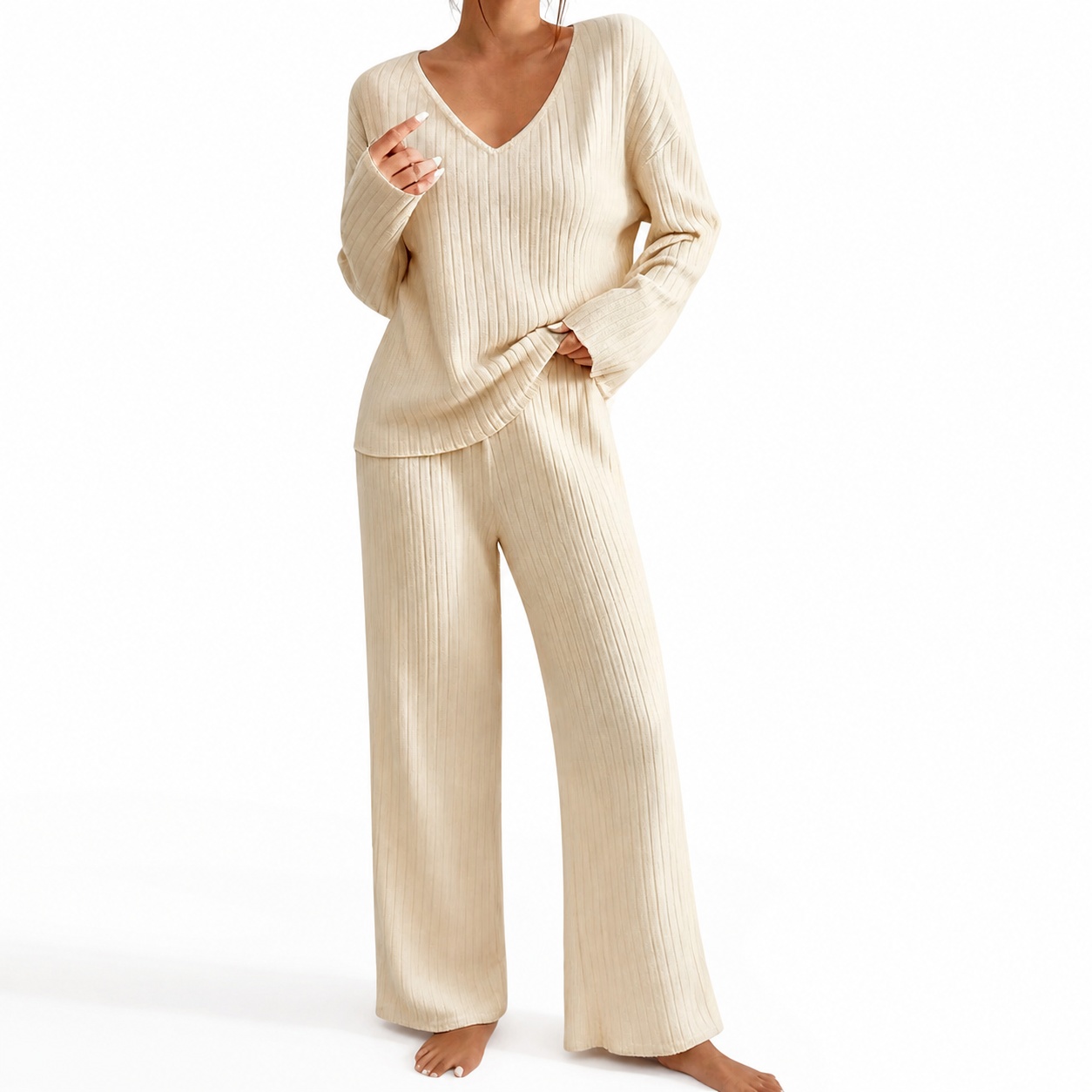 Ribbed Knit Sweater - Women's Autumn V Neck Loose Fit