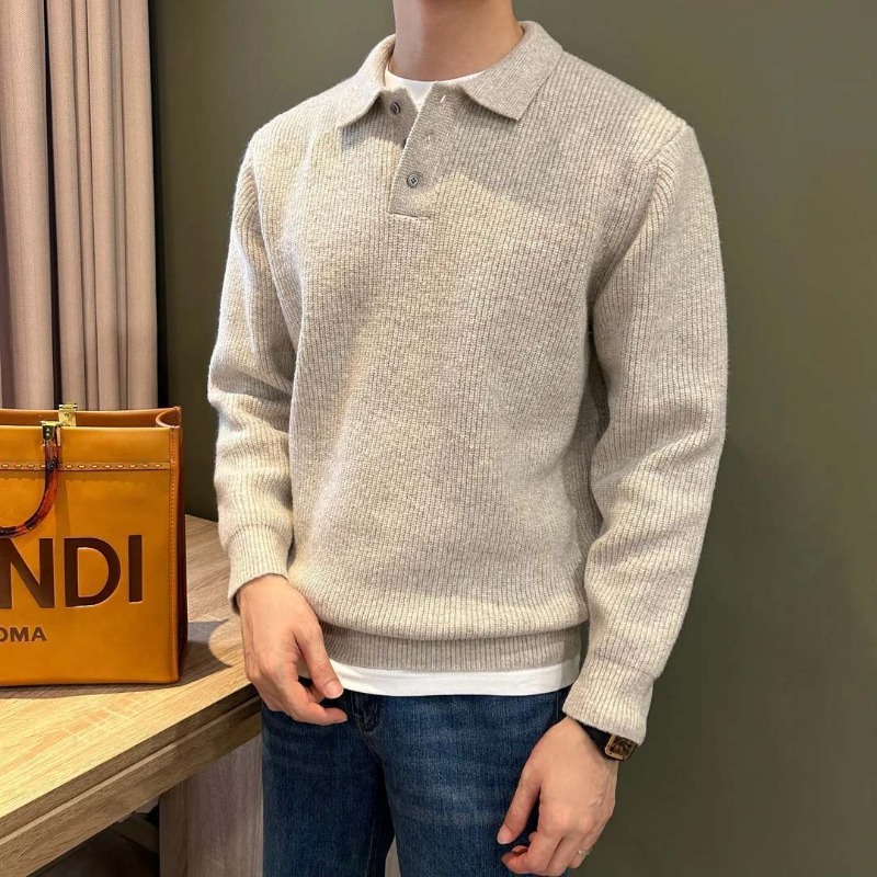 Ribbed Knit Sweater - Men Lapel Collar Single Button Rib