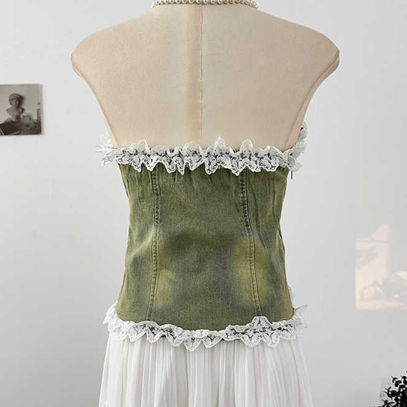Lace Splicing Denim Sleeveless - огляд і ціна Women Fashion Jeans Top