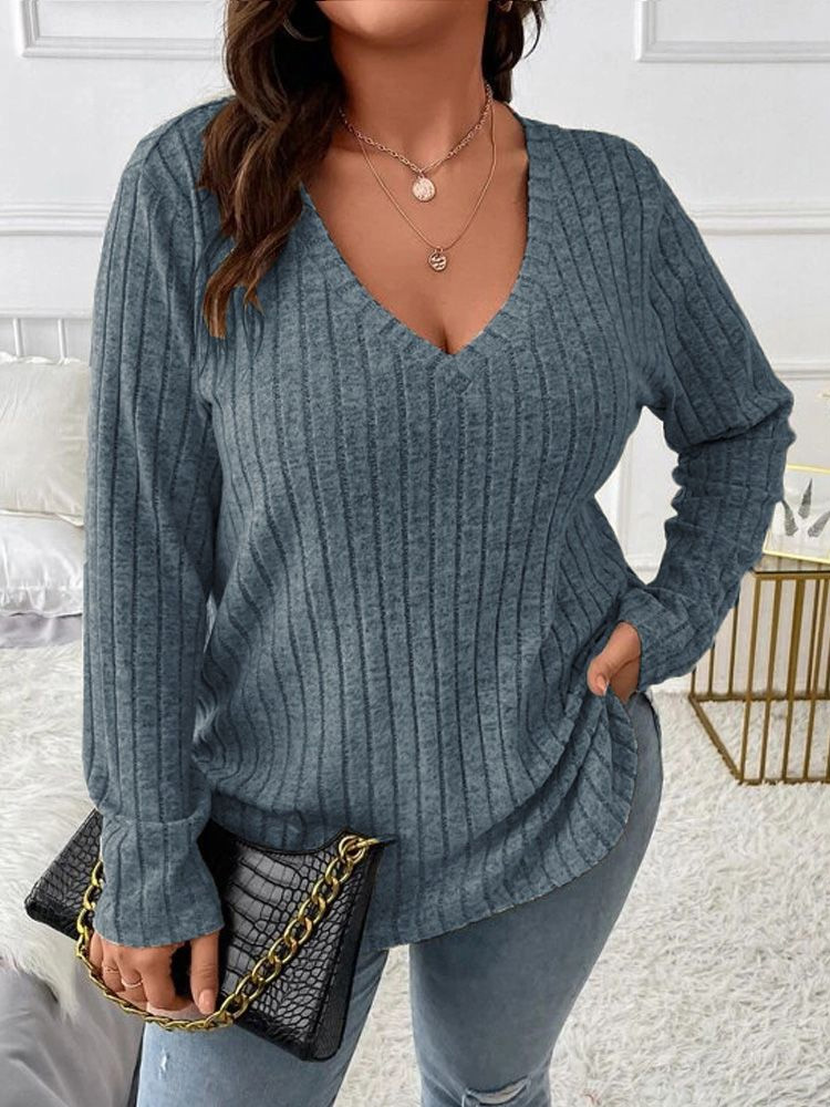 2026 Plus Size V-Neck Long Sle - огляд і ціна Ribbed Knit Sweater